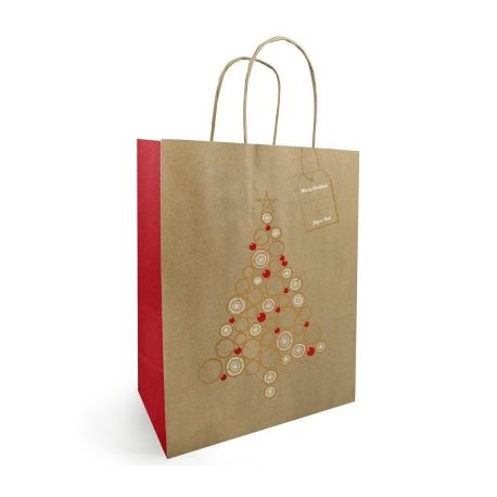 Sac papier kraft brun poignées torsadées Noël Sapin