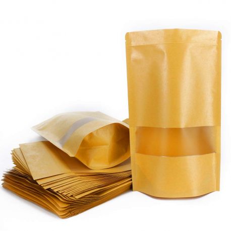 50 Doypack sachets kraft brun avec fenêtre transparente et fermeture zip